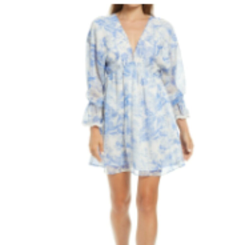 BTFL-life Toile Print Long Sleeve Chiffon Babydoll Minidress (S)
